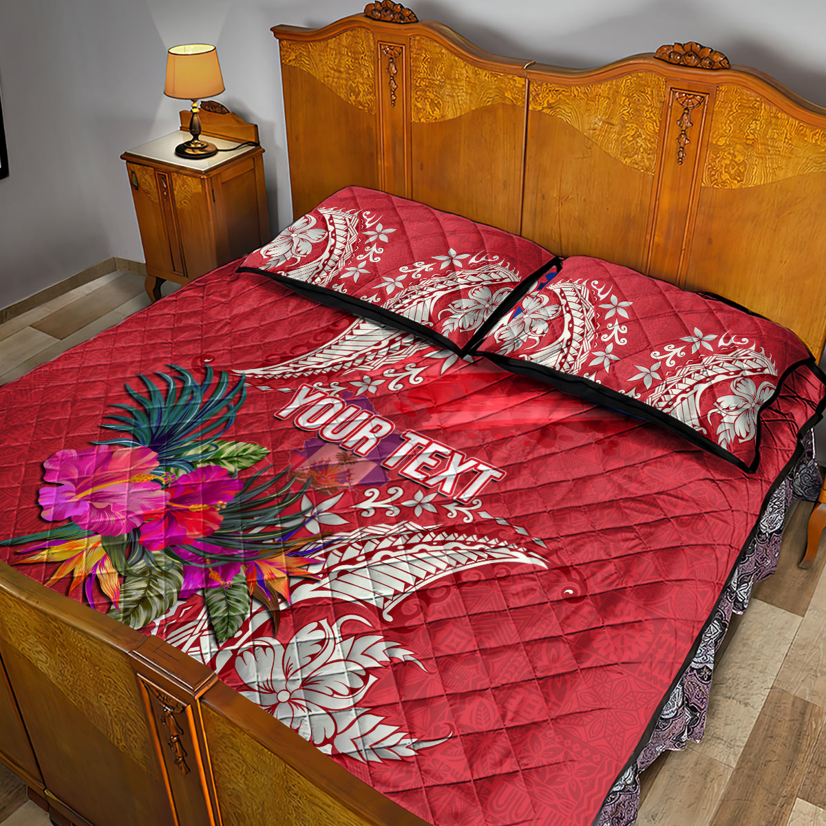 Personalised Haiti Coat Of Arms Quilt Bed Set Repiblik d Ayiti Tropical Flower Red Polynesian Pattern LT03 - Polynesian Pride