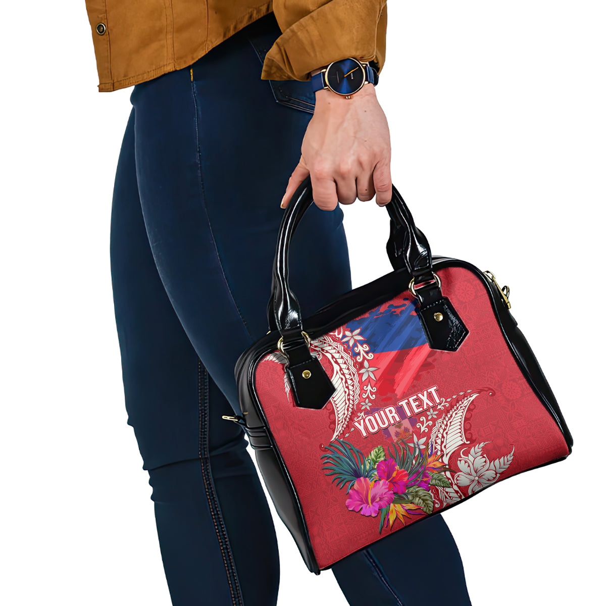 Personalised Haiti Coat Of Arms Shoulder Handbag Repiblik d Ayiti Tropical Flower Red Polynesian Pattern LT03 - Polynesian Pride
