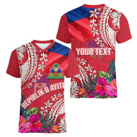 Personalised Haiti Coat Of Arms Women V Neck T Shirt Repiblik d Ayiti Tropical Flower Red Polynesian Pattern LT03 - Polynesian Pride