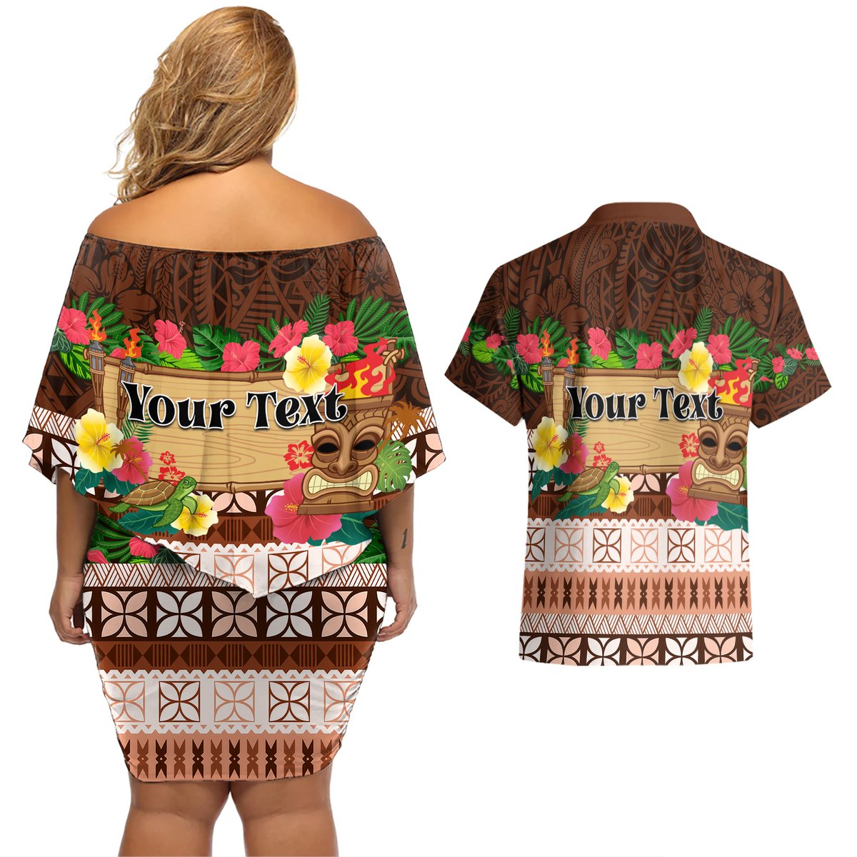 Pasifika Festival Auckland Couples Matching Off Shoulder Short Dress and Hawaiian Shirt Polynesian Tribal with Pacific Pattern Brown Color LT03 - Polynesian Pride