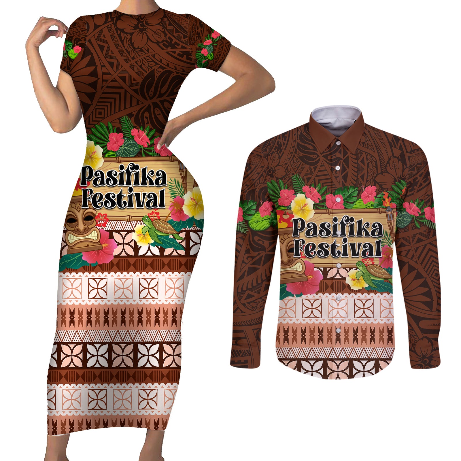 Pasifika Festival Auckland Couples Matching Short Sleeve Bodycon Dress and Long Sleeve Button Shirt Polynesian Tribal with Pacific Pattern Brown Color LT03 Brown - Polynesian Pride