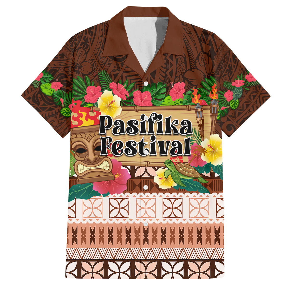 Pasifika Festival Auckland Family Matching Long Sleeve Bodycon Dress and Hawaiian Shirt Polynesian Tribal with Pacific Pattern Brown Color LT03 Dad's Shirt - Short Sleeve Brown - Polynesian Pride