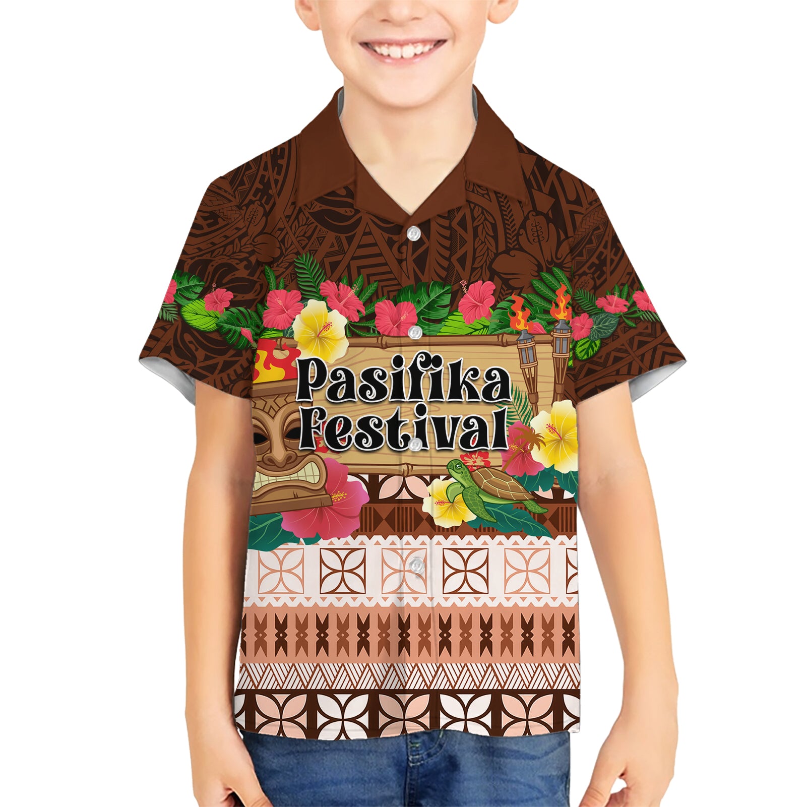 Pasifika Festival Auckland Kid Hawaiian Shirt Polynesian Tribal with Pacific Pattern Brown Color LT03 Kid Brown - Polynesian Pride