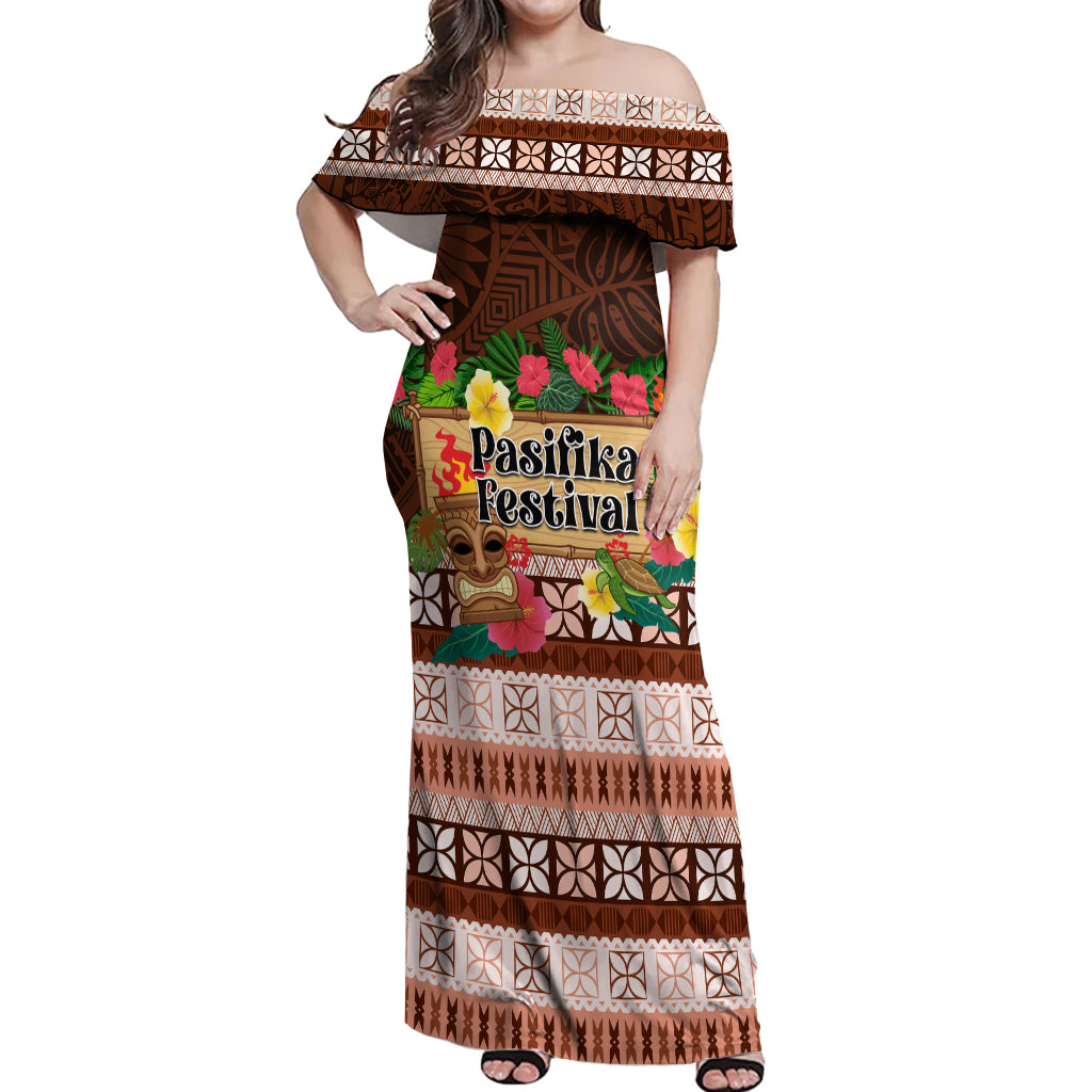 Pasifika Festival Auckland Off Shoulder Maxi Dress Polynesian Tribal with Pacific Pattern Brown Color LT03 Women Brown - Polynesian Pride