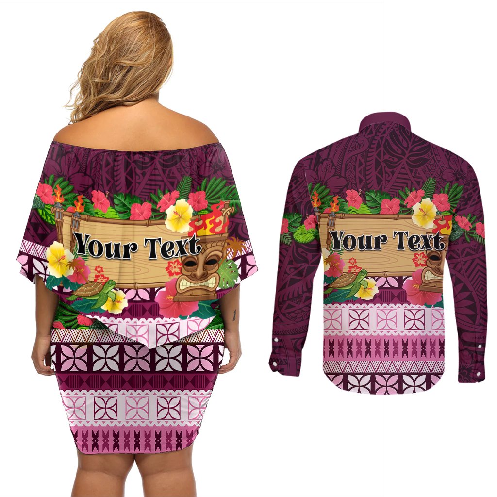 Pasifika Festival Auckland Couples Matching Off Shoulder Short Dress and Long Sleeve Button Shirt Polynesian Tribal with Pacific Pattern Pink Color LT03 - Polynesian Pride
