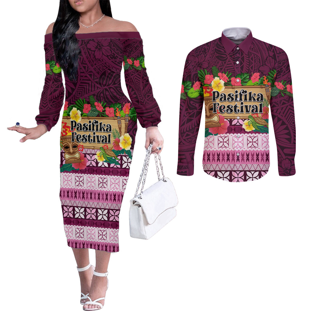 Pasifika Festival Auckland Couples Matching Off The Shoulder Long Sleeve Dress and Long Sleeve Button Shirt Polynesian Tribal with Pacific Pattern Pink Color LT03 Pink - Polynesian Pride