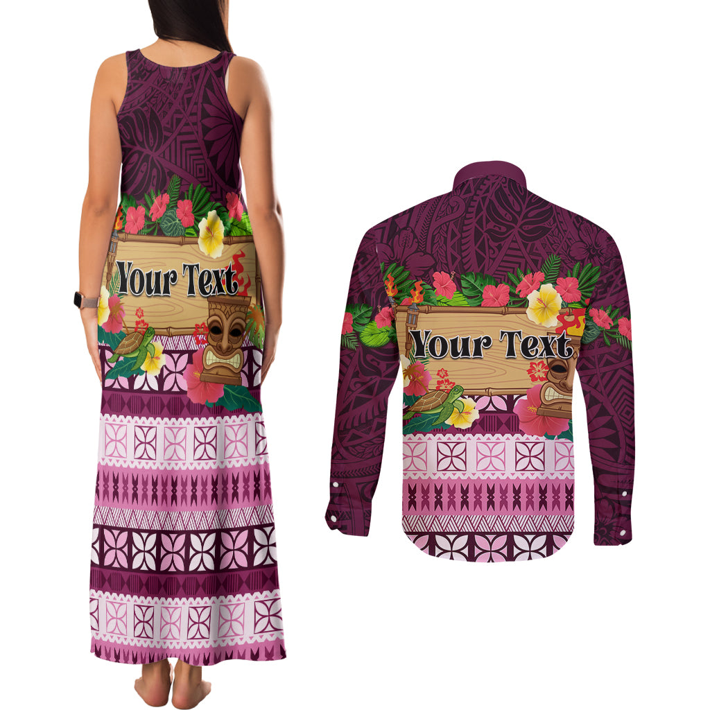 Pasifika Festival Auckland Couples Matching Tank Maxi Dress and Long Sleeve Button Shirt Polynesian Tribal with Pacific Pattern Pink Color LT03 - Polynesian Pride