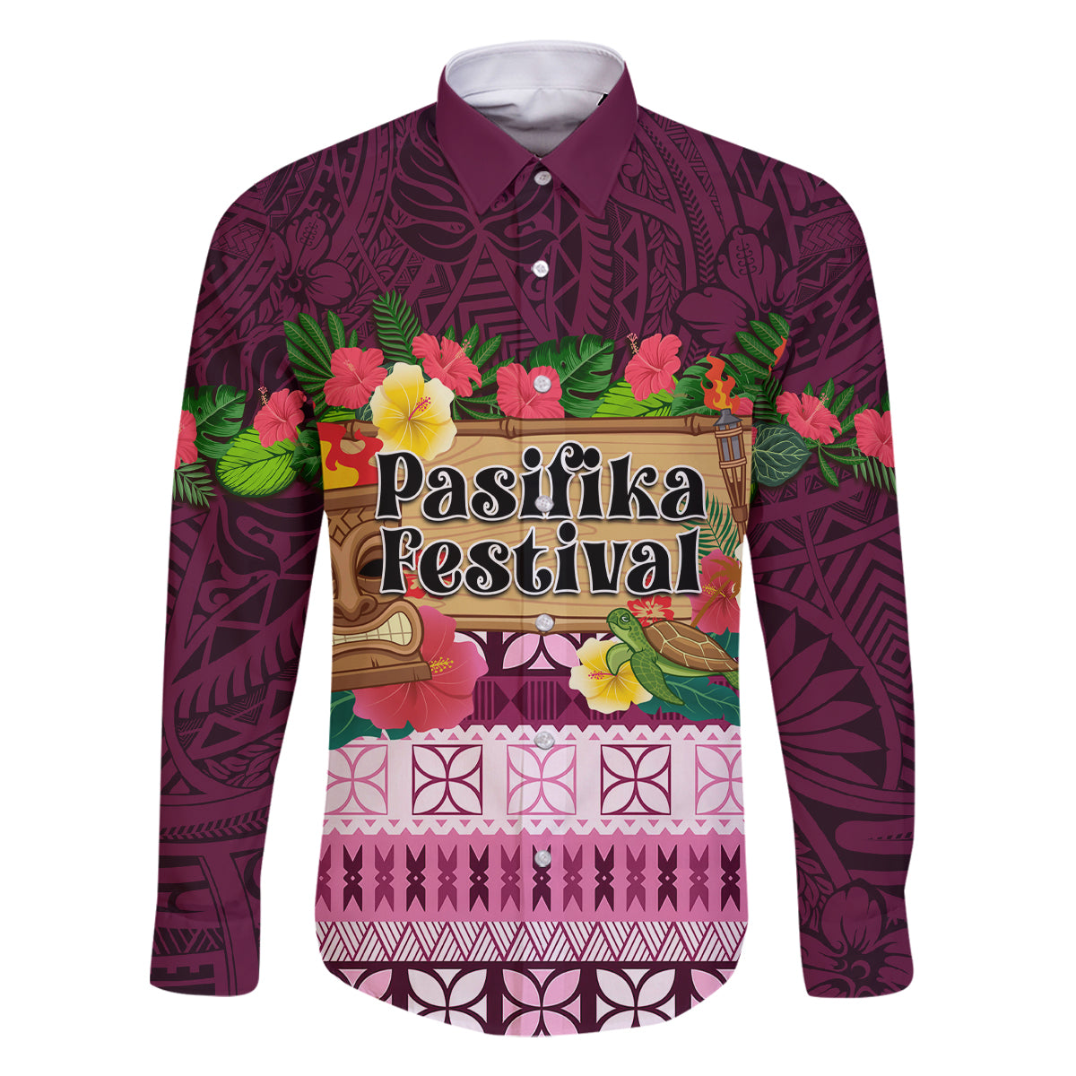 Pasifika Festival Auckland Family Matching Summer Maxi Dress and Hawaiian Shirt Polynesian Tribal with Pacific Pattern Pink Color LT03 Dad's Shirt - Long Sleeve Pink - Polynesian Pride