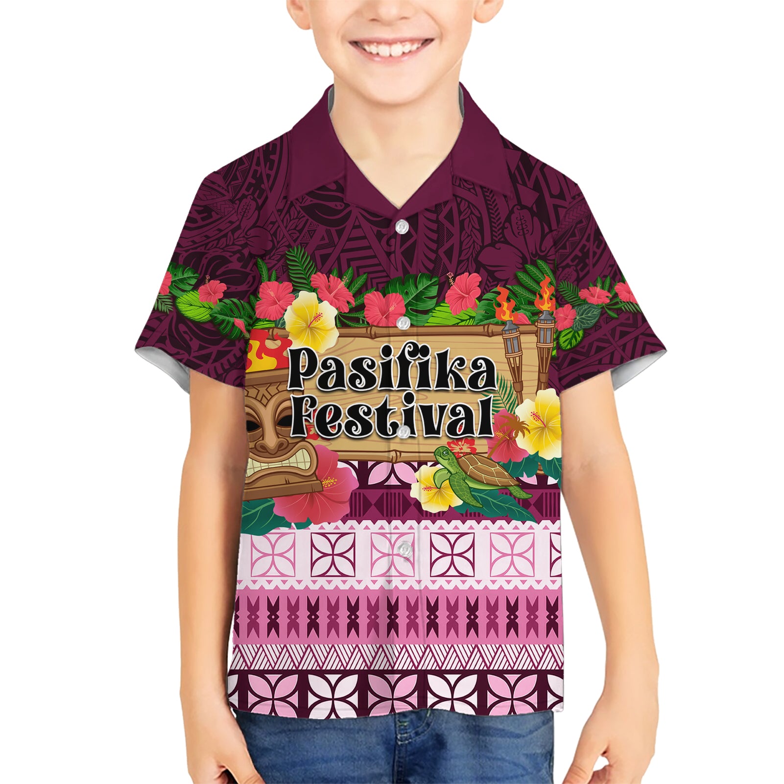 Pasifika Festival Auckland Kid Hawaiian Shirt Polynesian Tribal with Pacific Pattern Pink Color LT03 Kid Pink - Polynesian Pride
