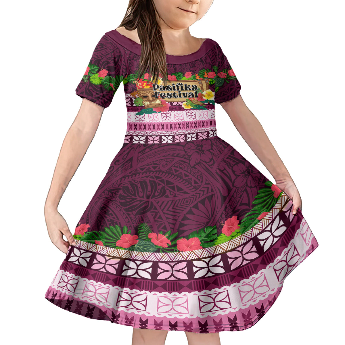 Pasifika Festival Auckland Kid Short Sleeve Dress Polynesian Tribal with Pacific Pattern Pink Color LT03 KID Pink - Polynesian Pride