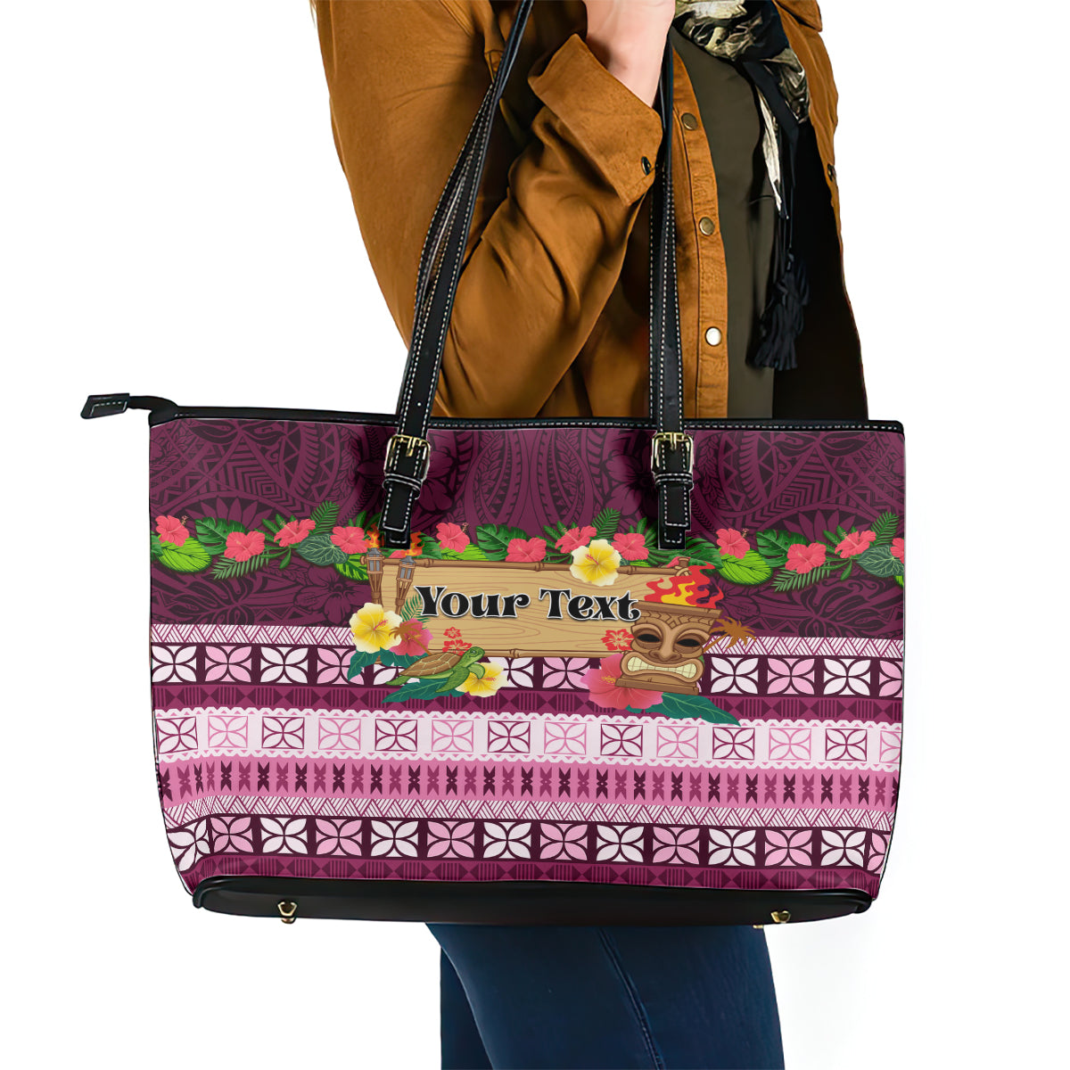 Pasifika Festival Auckland Leather Tote Bag Polynesian Tribal with Pacific Pattern Pink Color LT03 - Polynesian Pride