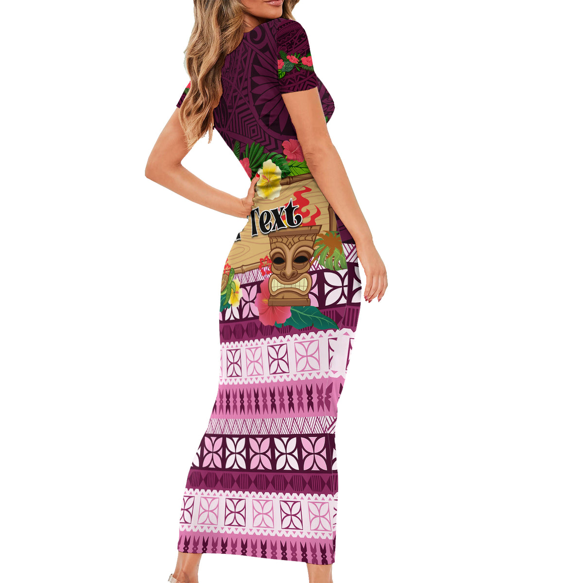 Pasifika Festival Auckland Short Sleeve Bodycon Dress Polynesian Tribal with Pacific Pattern Pink Color LT03 - Polynesian Pride