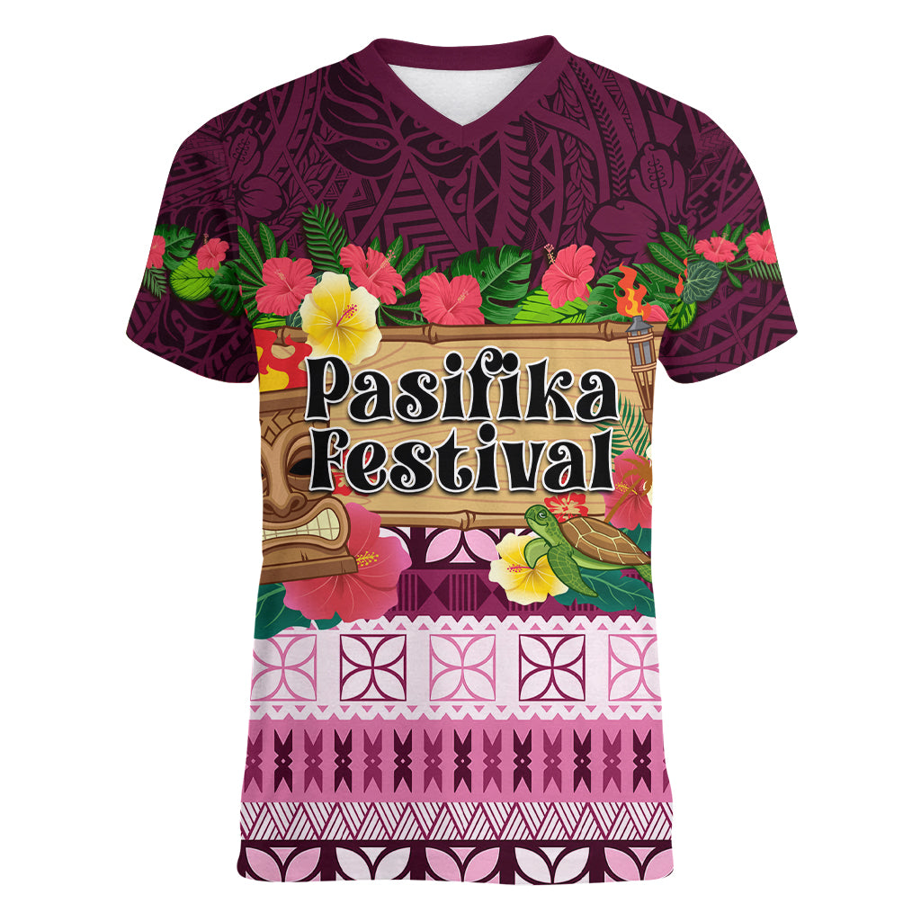 Pasifika Festival Auckland Women V Neck T Shirt Polynesian Tribal with Pacific Pattern Pink Color LT03 Female Pink - Polynesian Pride