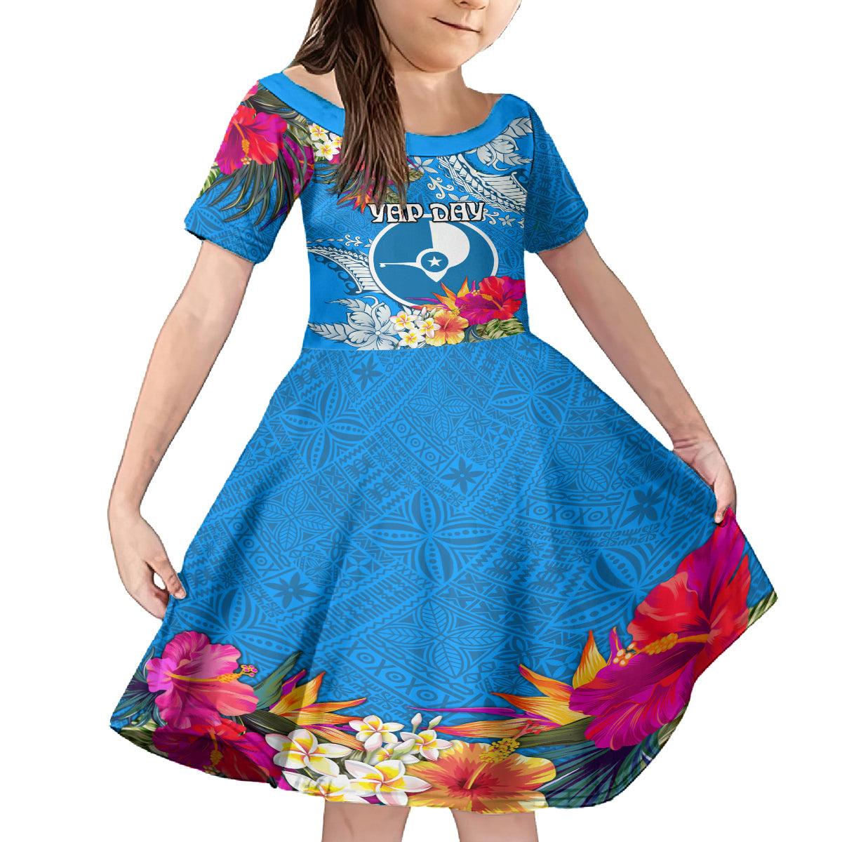 Yap Day Family Matching Off Shoulder Maxi Dress and Hawaiian Shirt Tapa Pattern with Hisbiscus LT03 Daughter's Dress Blue - Polynesian Pride