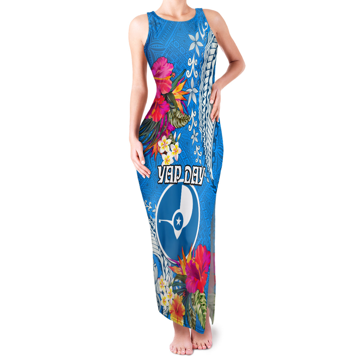 Yap Day Family Matching Tank Maxi Dress and Hawaiian Shirt Tapa Pattern with Hisbiscus LT03 Mom's Dress Blue - Polynesian Pride