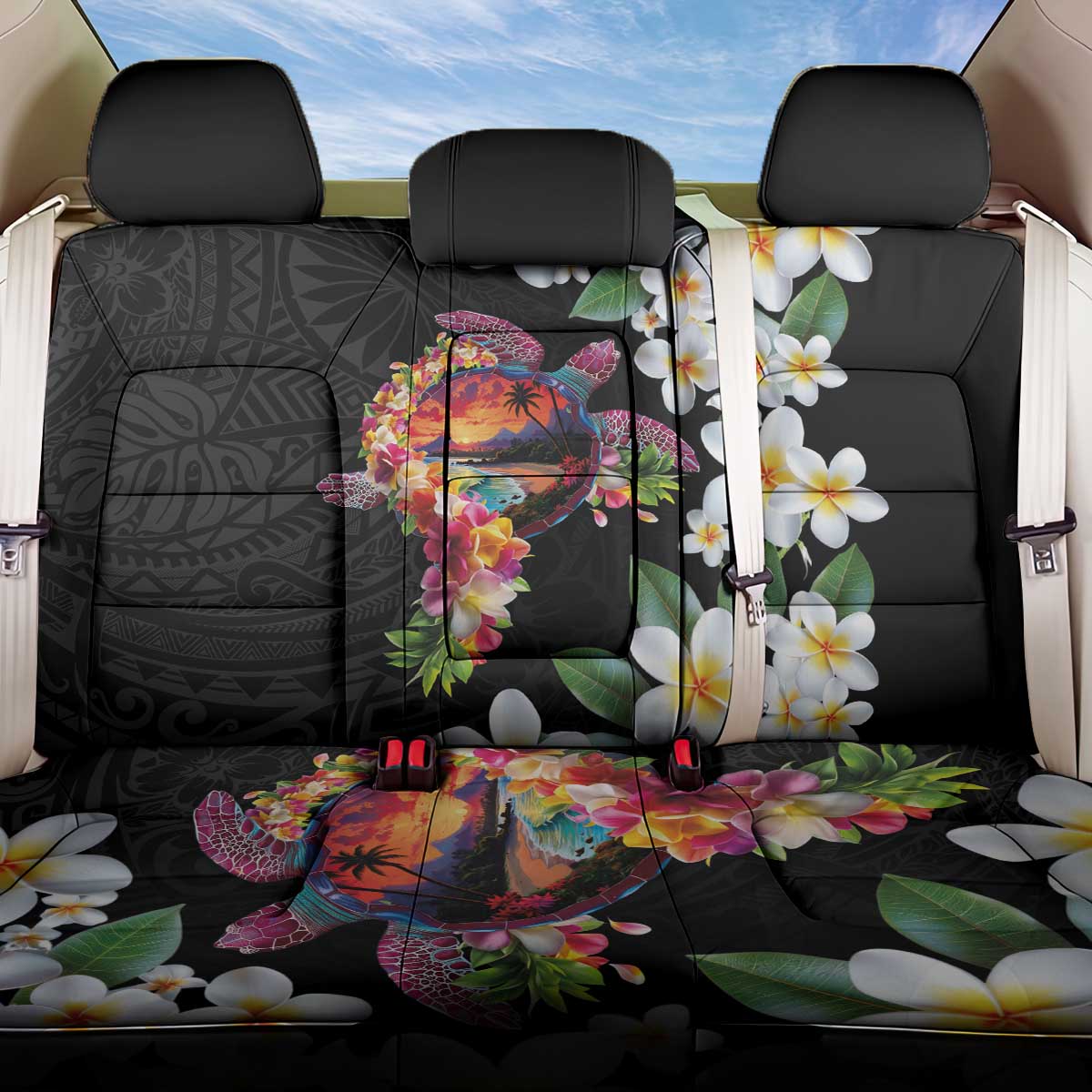 Hawaiian Lei Day Back Car Seat Cover Plumeria and Turtle with Polynesian Tribal Pattern LT03 One Size Black - Polynesian Pride