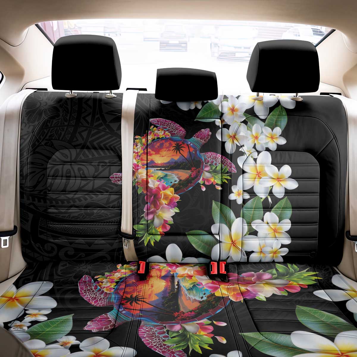 Hawaiian Lei Day Back Car Seat Cover Plumeria and Turtle with Polynesian Tribal Pattern LT03 - Polynesian Pride