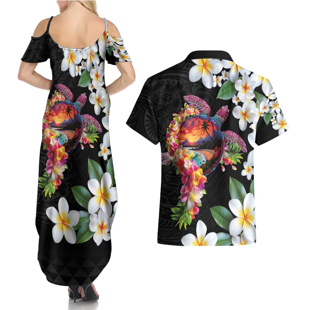 Hawaiian Lei Day Couples Matching Summer Maxi Dress and Hawaiian Shirt Plumeria and Turtle with Polynesian Tribal Pattern