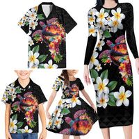Hawaiian Lei Day Family Matching Long Sleeve Bodycon Dress and Hawaiian Shirt Plumeria and Turtle with Polynesian Tribal Pattern LT03 - Polynesian Pride