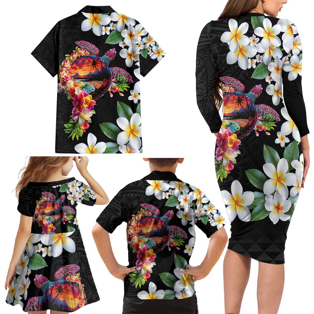 Hawaiian Lei Day Family Matching Long Sleeve Bodycon Dress and Hawaiian Shirt Plumeria and Turtle with Polynesian Tribal Pattern LT03 - Polynesian Pride
