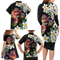 Hawaiian Lei Day Family Matching Long Sleeve Bodycon Dress and Hawaiian Shirt Plumeria and Turtle with Polynesian Tribal Pattern LT03 - Polynesian Pride