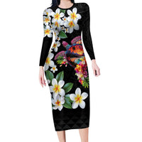Hawaiian Lei Day Family Matching Long Sleeve Bodycon Dress and Hawaiian Shirt Plumeria and Turtle with Polynesian Tribal Pattern LT03 Mom's Dress Black - Polynesian Pride