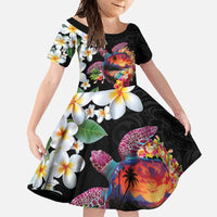 Hawaiian Lei Day Family Matching Mermaid Dress and Hawaiian Shirt Plumeria and Turtle with Polynesian Tribal Pattern LT03 Daughter's Dress Black - Polynesian Pride