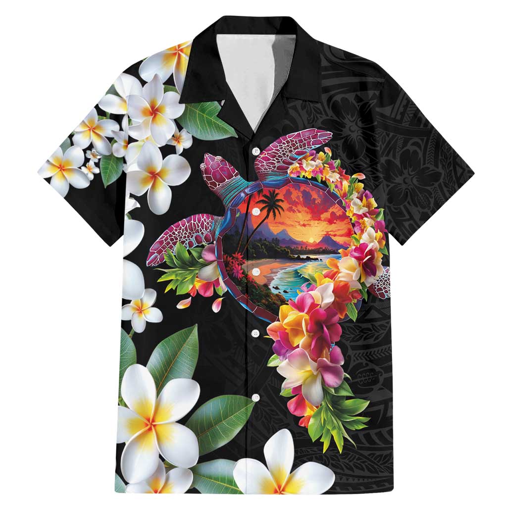 Hawaiian Lei Day Family Matching Mermaid Dress and Hawaiian Shirt Plumeria and Turtle with Polynesian Tribal Pattern LT03 Dad's Shirt - Short Sleeve Black - Polynesian Pride