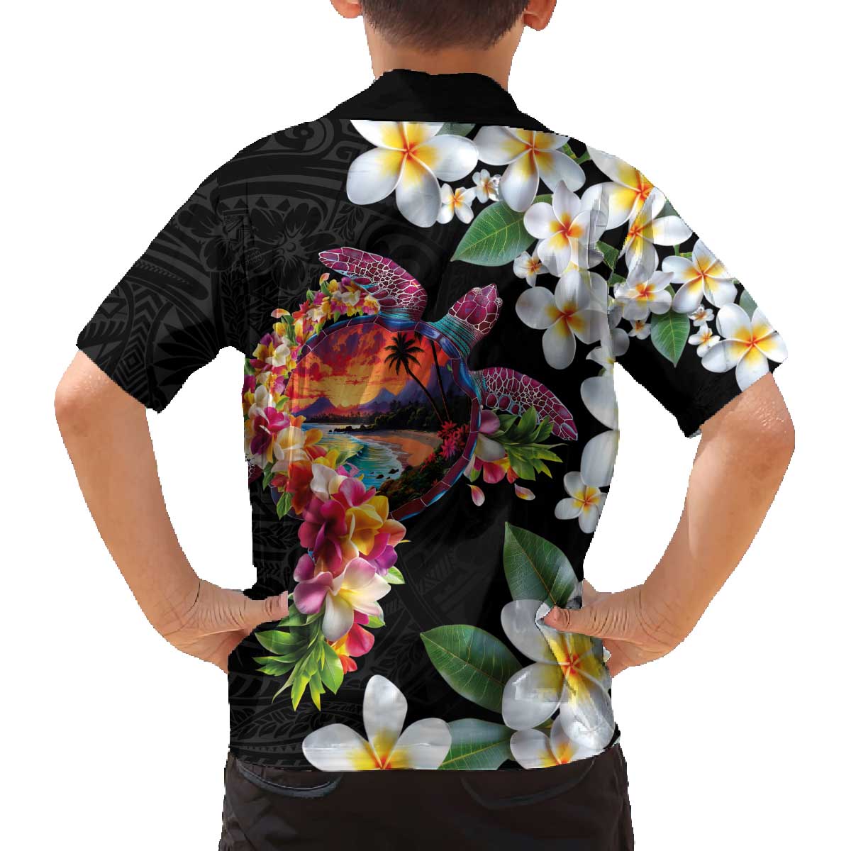 Hawaiian Lei Day Family Matching Off The Shoulder Long Sleeve Dress and Hawaiian Shirt Plumeria and Turtle with Polynesian Tribal Pattern LT03 - Polynesian Pride