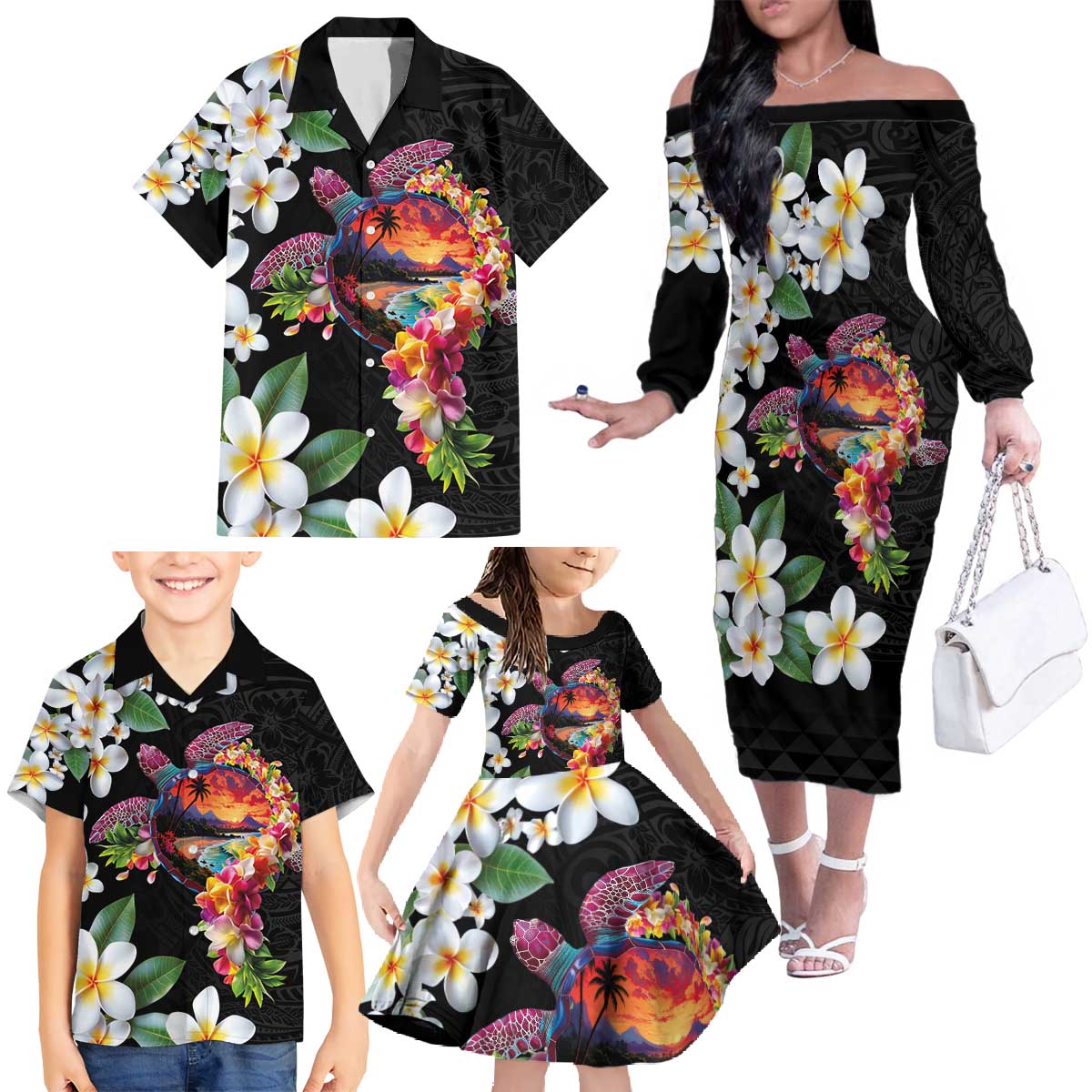 Hawaiian Lei Day Family Matching Off The Shoulder Long Sleeve Dress and Hawaiian Shirt Plumeria and Turtle with Polynesian Tribal Pattern LT03 - Polynesian Pride