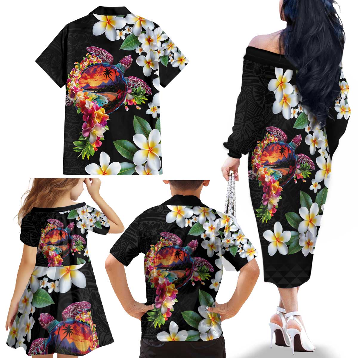 Hawaiian Lei Day Family Matching Off The Shoulder Long Sleeve Dress and Hawaiian Shirt Plumeria and Turtle with Polynesian Tribal Pattern LT03 - Polynesian Pride