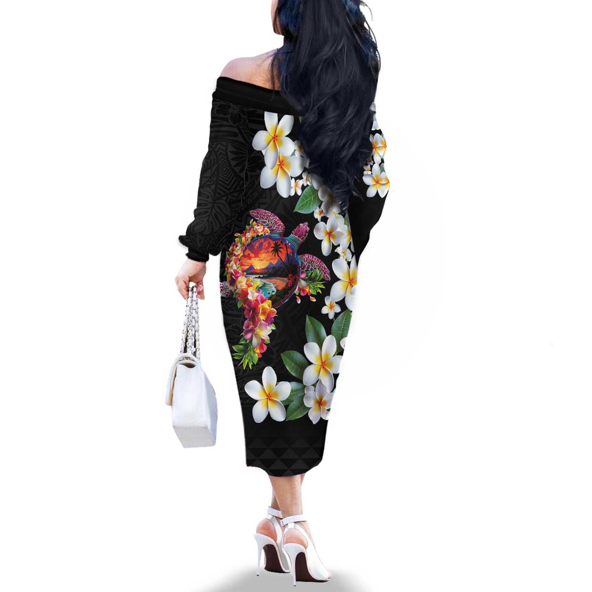 Hawaiian Lei Day Family Matching Off The Shoulder Long Sleeve Dress and Hawaiian Shirt Plumeria and Turtle with Polynesian Tribal Pattern LT03 - Polynesian Pride