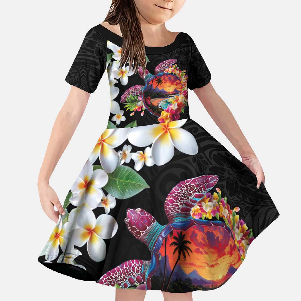 Hawaiian Lei Day Family Matching Off Shoulder Maxi Dress and Hawaiian Shirt Plumeria and Turtle with Polynesian Tribal Pattern LT03 Daughter's Dress Black - Polynesian Pride