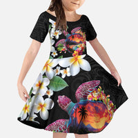 Hawaiian Lei Day Family Matching Off Shoulder Maxi Dress and Hawaiian Shirt Plumeria and Turtle with Polynesian Tribal Pattern LT03 Daughter's Dress Black - Polynesian Pride
