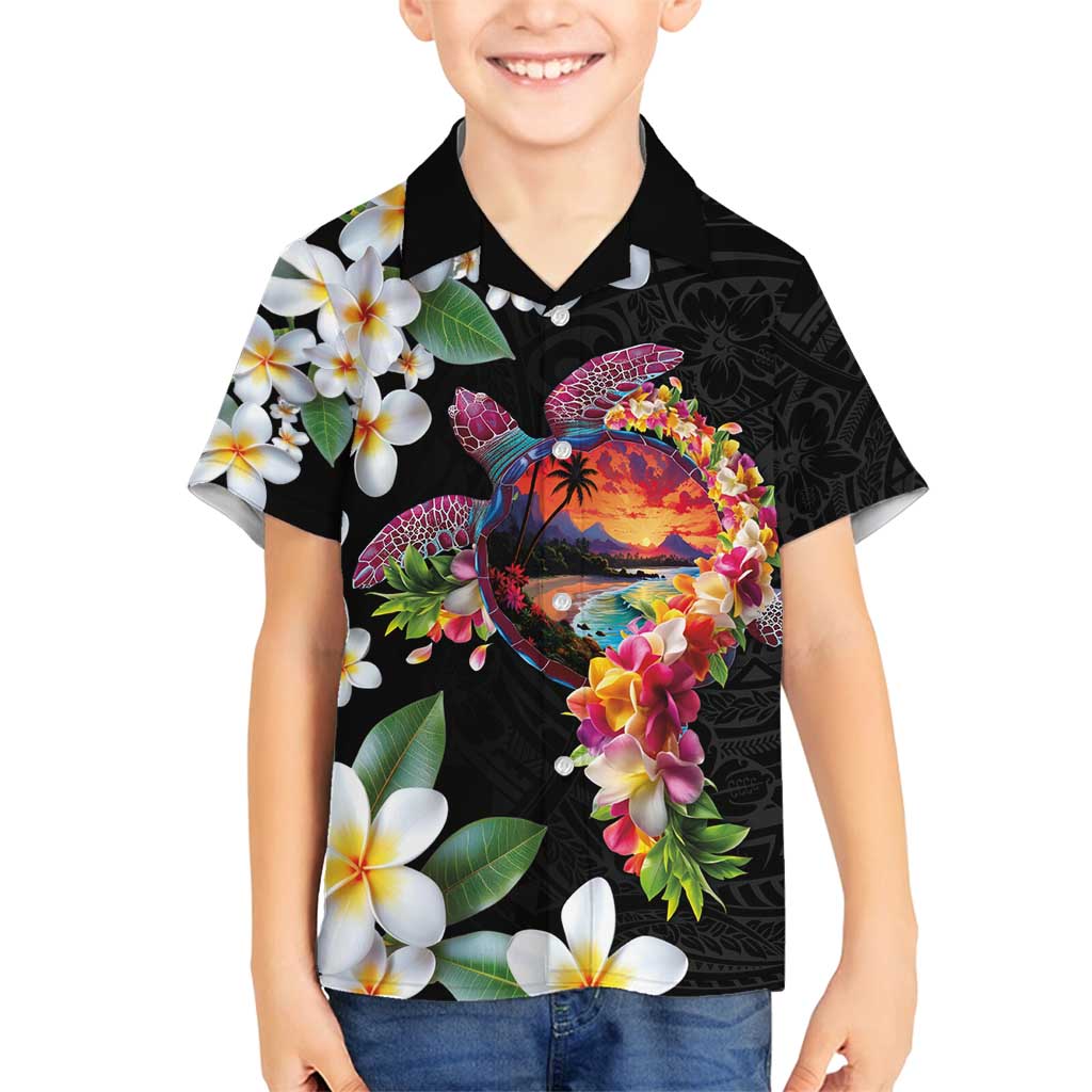 Hawaiian Lei Day Family Matching Off Shoulder Maxi Dress and Hawaiian Shirt Plumeria and Turtle with Polynesian Tribal Pattern LT03 Son's Shirt Black - Polynesian Pride