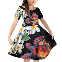 Hawaiian Lei Day Family Matching Off Shoulder Short Dress and Hawaiian Shirt Plumeria and Turtle with Polynesian Tribal Pattern LT03 Daughter's Dress Black - Polynesian Pride