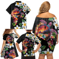 Hawaiian Lei Day Family Matching Off Shoulder Short Dress and Hawaiian Shirt Plumeria and Turtle with Polynesian Tribal Pattern LT03 - Polynesian Pride