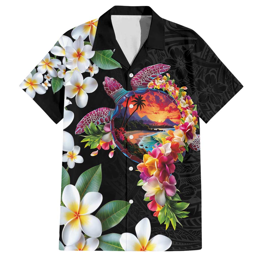 Hawaiian Lei Day Family Matching Off Shoulder Short Dress and Hawaiian Shirt Plumeria and Turtle with Polynesian Tribal Pattern LT03 Dad's Shirt - Short Sleeve Black - Polynesian Pride