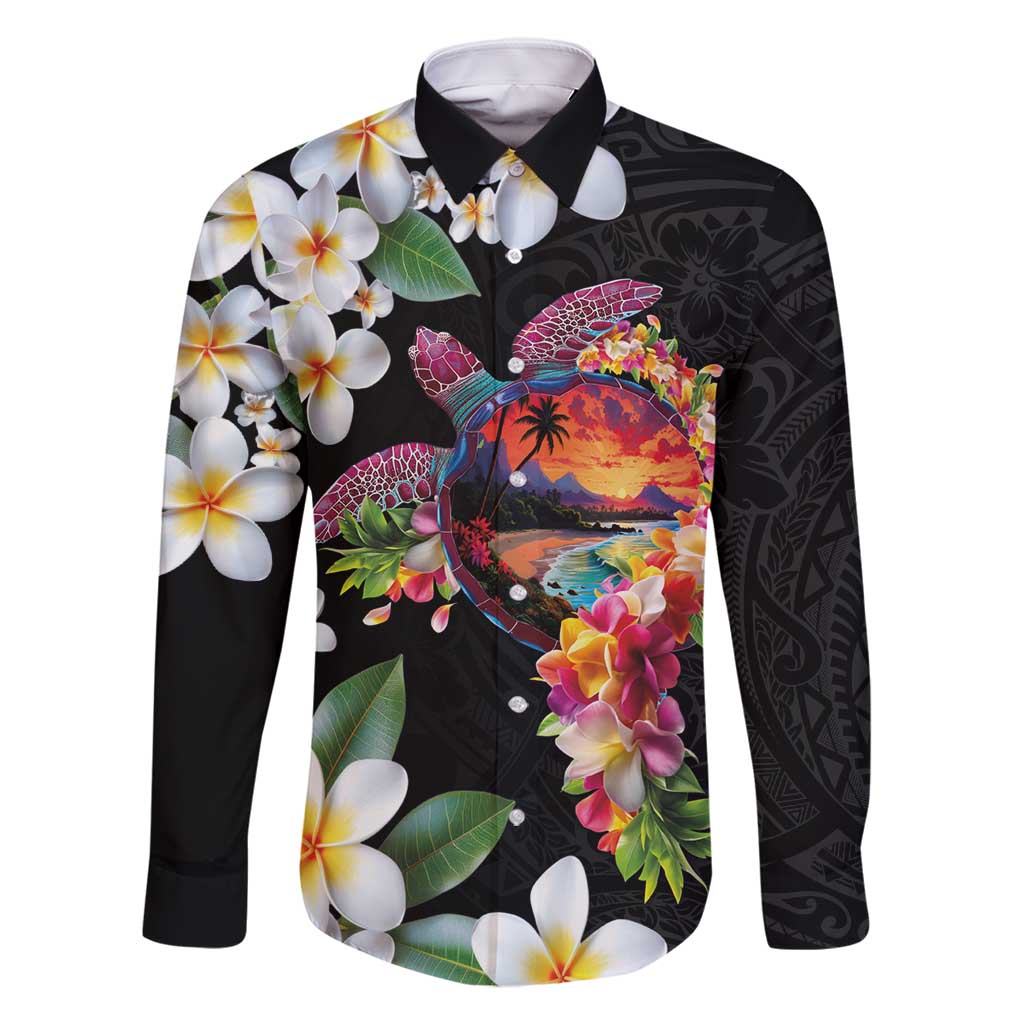 Hawaiian Lei Day Family Matching Off Shoulder Short Dress and Hawaiian Shirt Plumeria and Turtle with Polynesian Tribal Pattern LT03 Dad's Shirt - Long Sleeve Black - Polynesian Pride