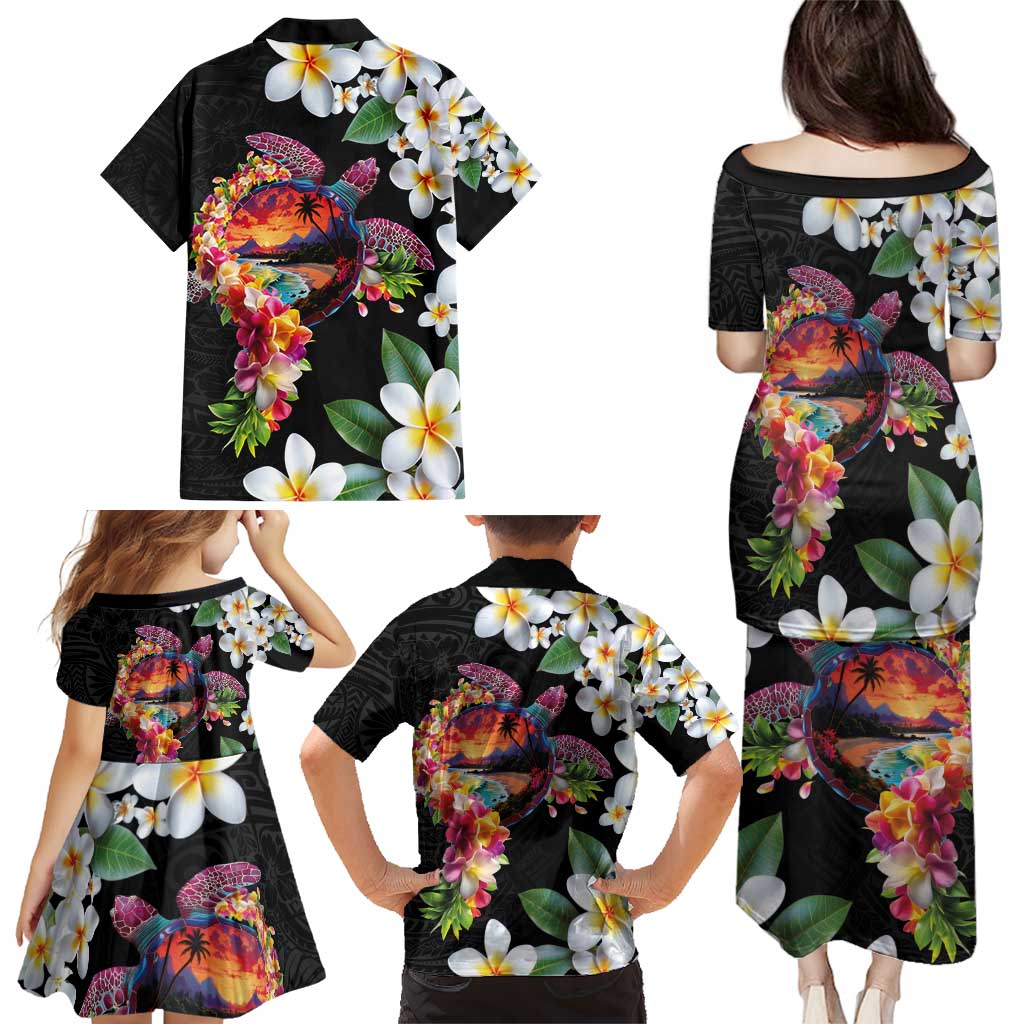 Hawaiian Lei Day Family Matching Puletasi and Hawaiian Shirt Plumeria and Turtle with Polynesian Tribal Pattern