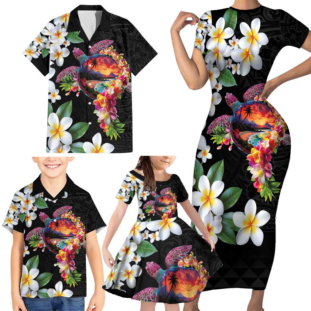 Hawaiian Lei Day Family Matching Short Sleeve Bodycon Dress and Hawaiian Shirt Plumeria and Turtle with Polynesian Tribal Pattern LT03 - Polynesian Pride