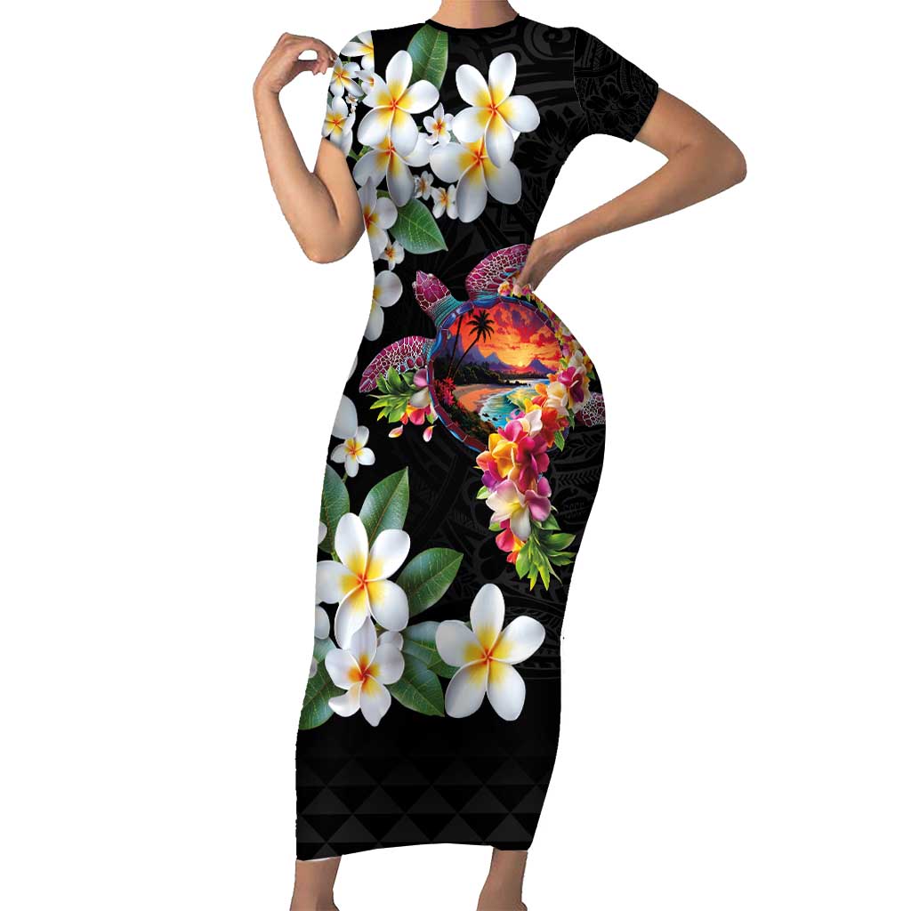 Hawaiian Lei Day Family Matching Short Sleeve Bodycon Dress and Hawaiian Shirt Plumeria and Turtle with Polynesian Tribal Pattern LT03 Mom's Dress Black - Polynesian Pride