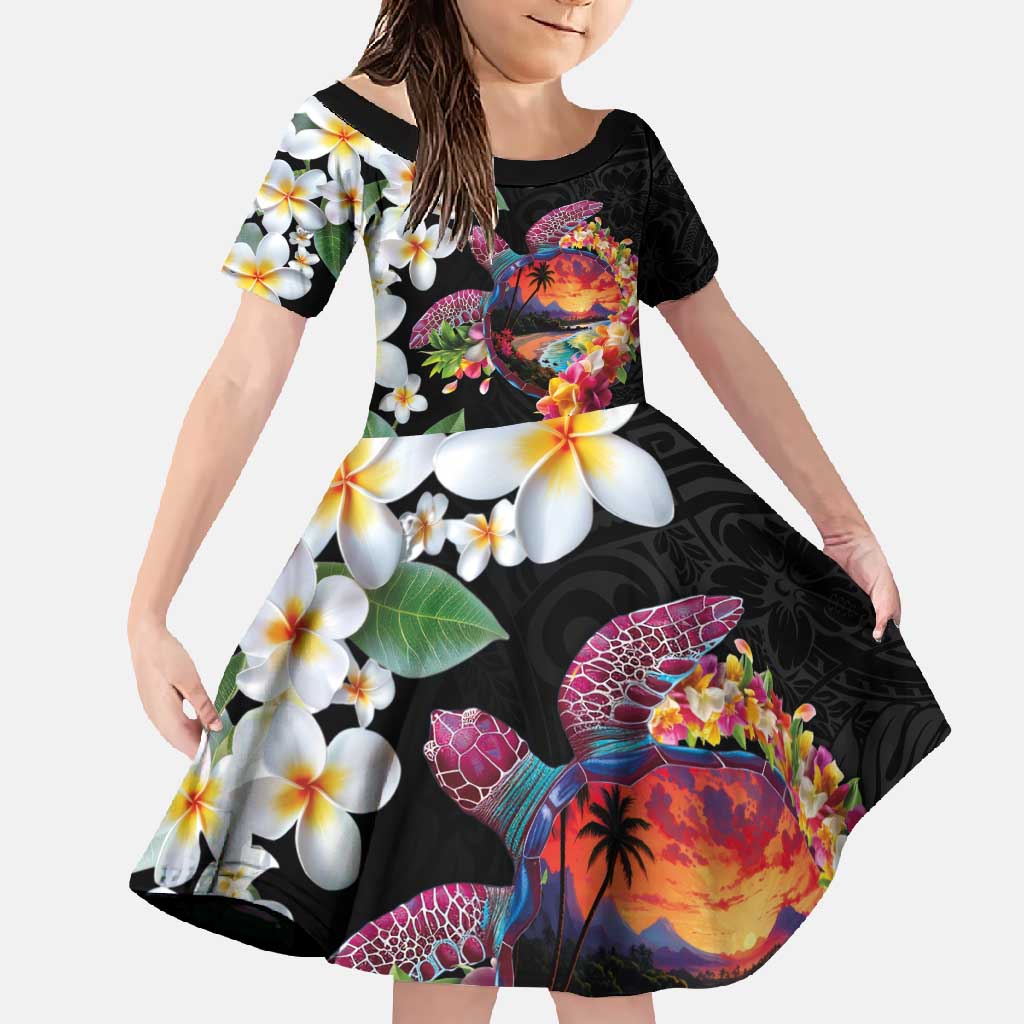 Hawaiian Lei Day Family Matching Summer Maxi Dress and Hawaiian Shirt Plumeria and Turtle with Polynesian Tribal Pattern LT03 Daughter's Dress Black - Polynesian Pride