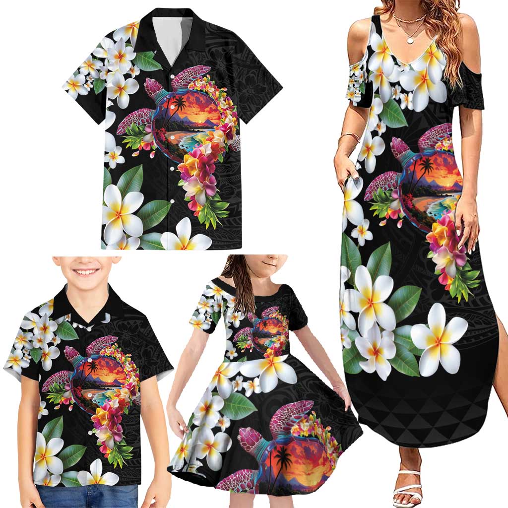 Hawaiian Lei Day Family Matching Summer Maxi Dress and Hawaiian Shirt Plumeria and Turtle with Polynesian Tribal Pattern LT03 - Polynesian Pride