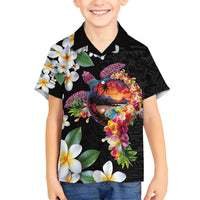 Hawaiian Lei Day Family Matching Summer Maxi Dress and Hawaiian Shirt Plumeria and Turtle with Polynesian Tribal Pattern LT03 Son's Shirt Black - Polynesian Pride