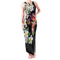 Hawaiian Lei Day Family Matching Tank Maxi Dress and Hawaiian Shirt Plumeria and Turtle with Polynesian Tribal Pattern LT03 Mom's Dress Black - Polynesian Pride
