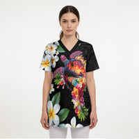 Hawaiian Lei Day Scrub Top Plumeria and Turtle with Polynesian Tribal Pattern - Polynesian Pride