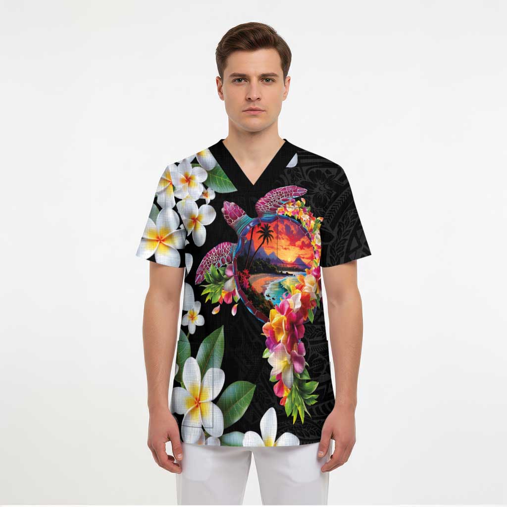 Hawaiian Lei Day Scrub Top Plumeria and Turtle with Polynesian Tribal Pattern - Polynesian Pride