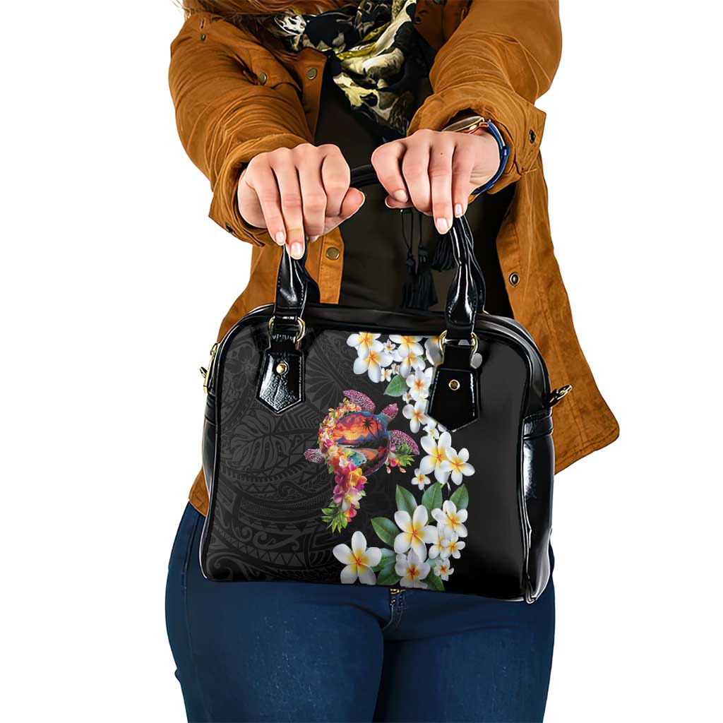 Hawaiian Lei Day Shoulder Handbag Plumeria and Turtle with Polynesian Tribal Pattern LT03 One Size Black - Polynesian Pride