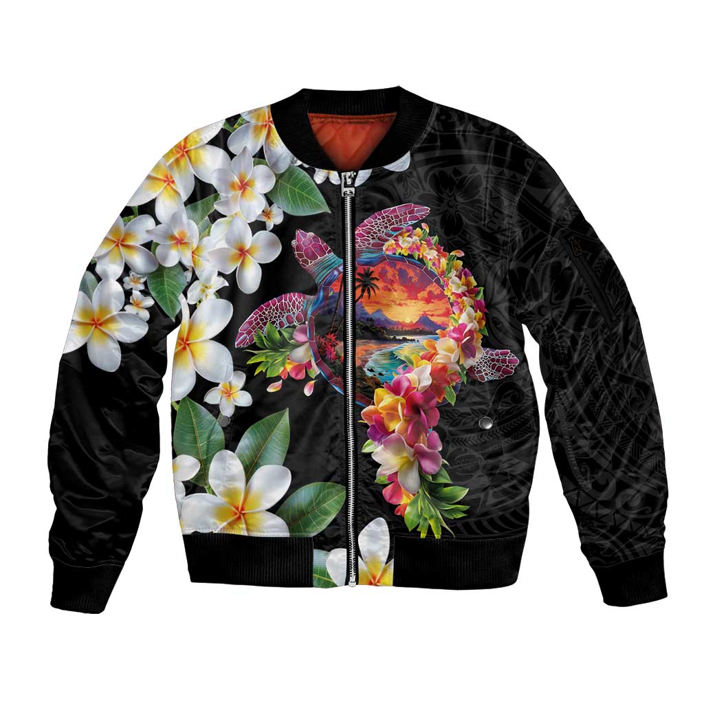 Hawaiian Lei Day Sleeve Zip Bomber Jacket Plumeria and Turtle with Polynesian Tribal Pattern LT03 Unisex Black - Polynesian Pride
